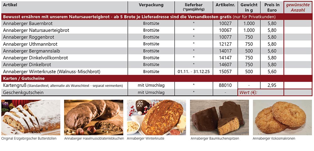 Bestellschein Annaberger Backwaren