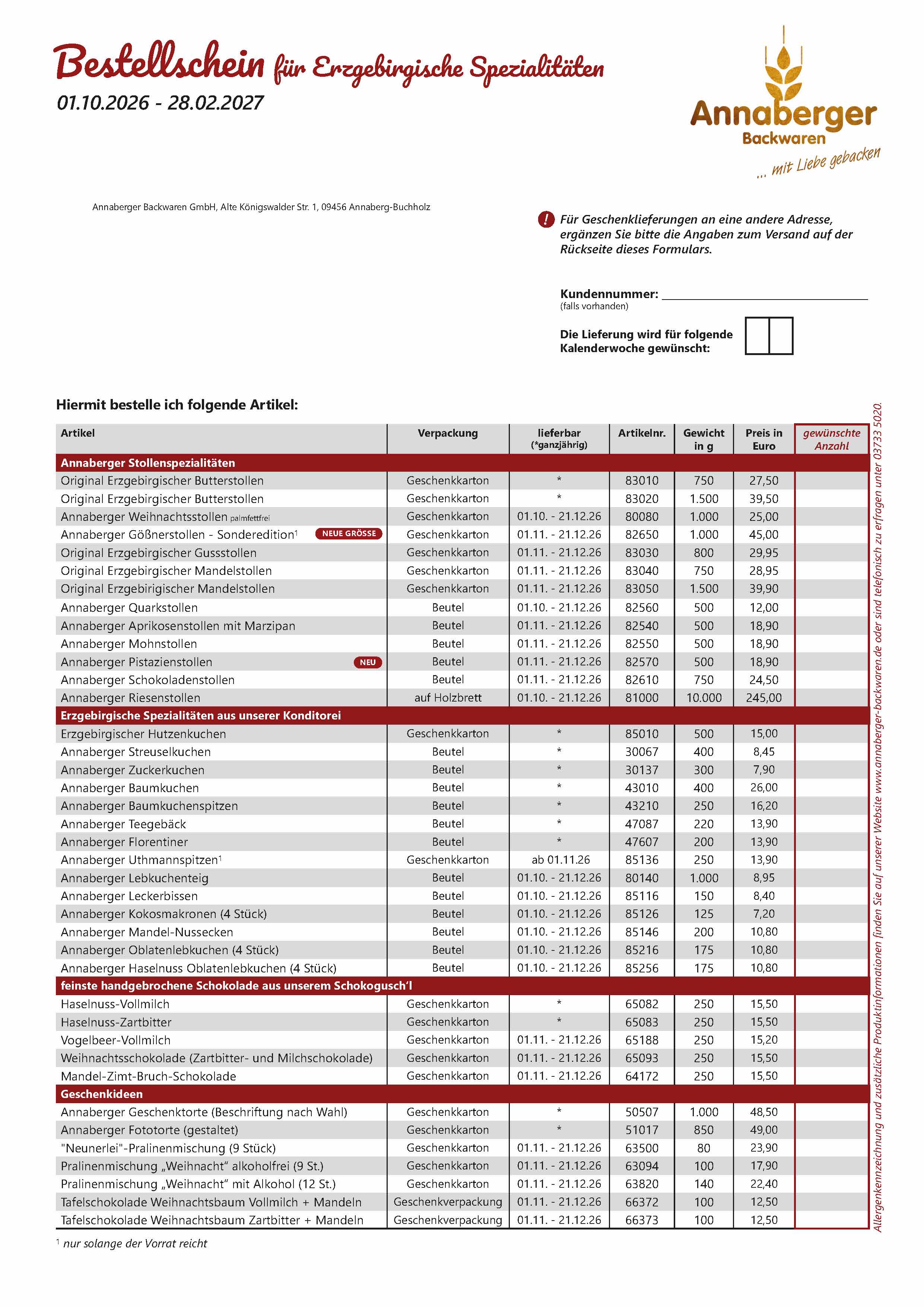 Bestellschein Annaberger Backwaren